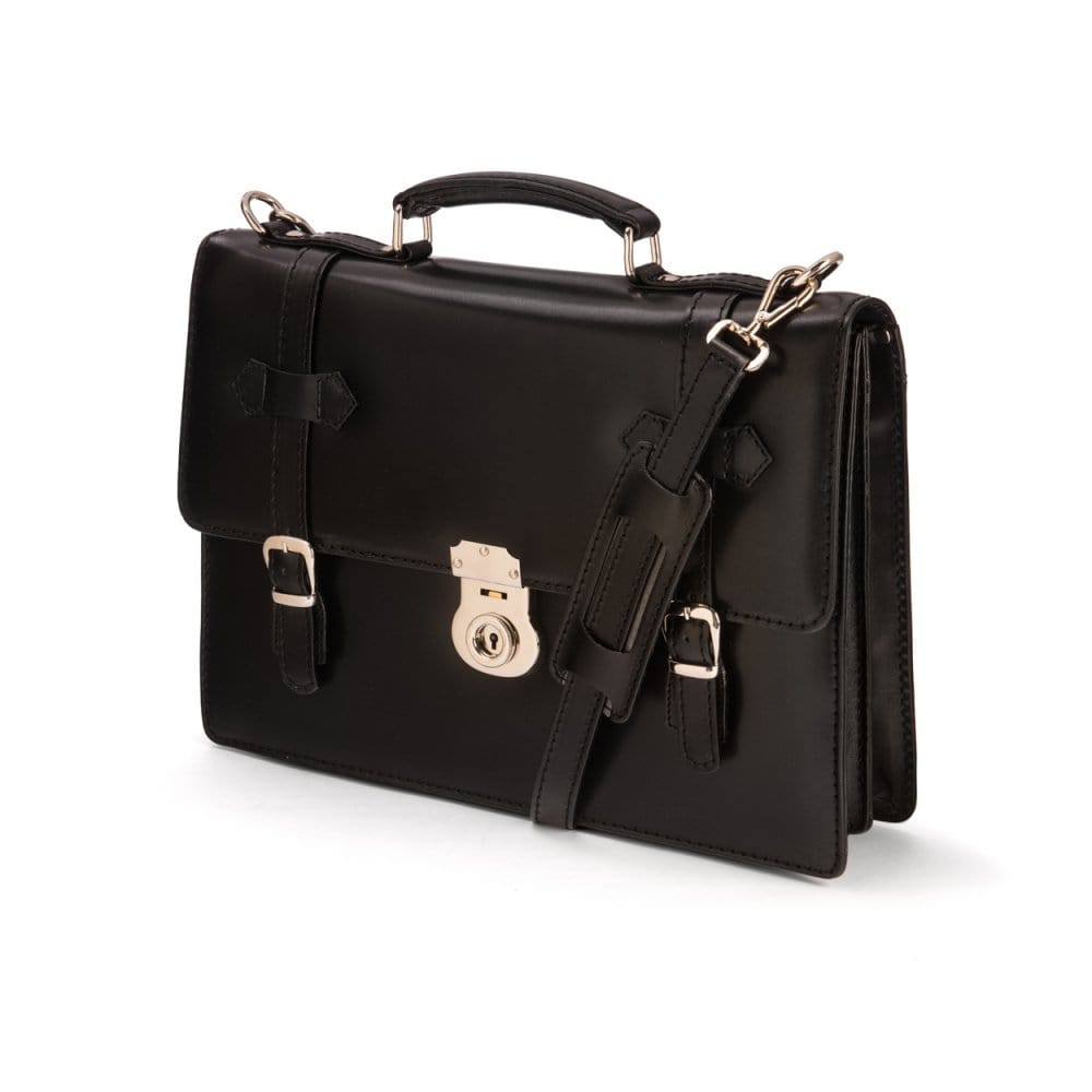 Leather Cambridge satchel briefcase with silver brass lock, black, side