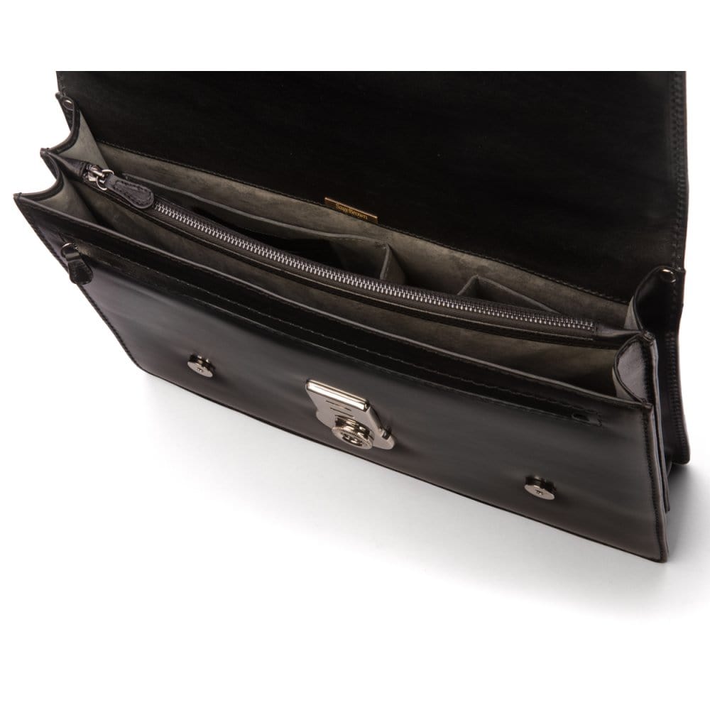 Leather Cambridge satchel briefcase with silver brass lock, black, inside