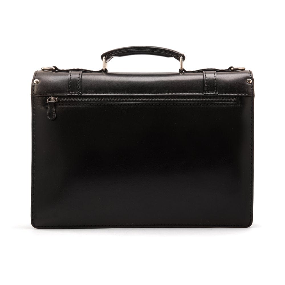 Leather Cambridge satchel briefcase with silver brass lock, black, back