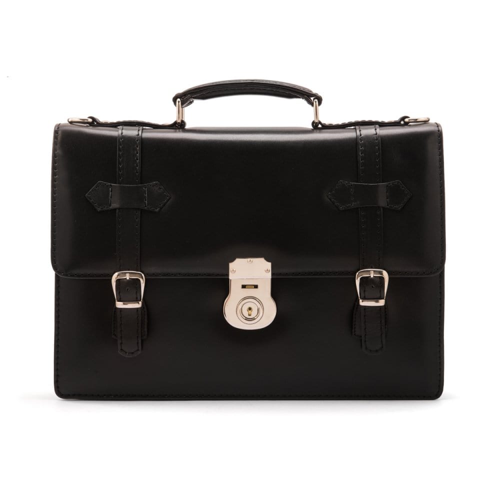 Leather Cambridge satchel briefcase with silver brass lock, black, front