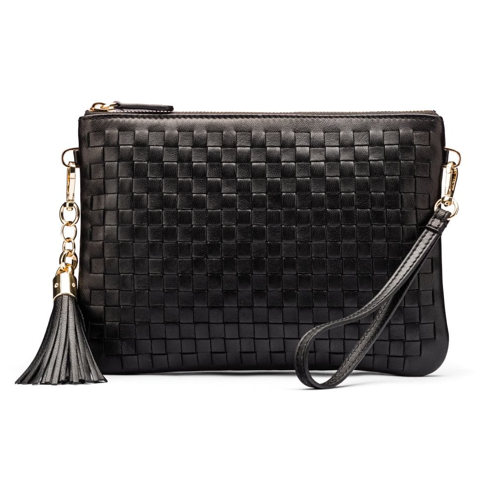 Leather woven cross body bag, black, front view