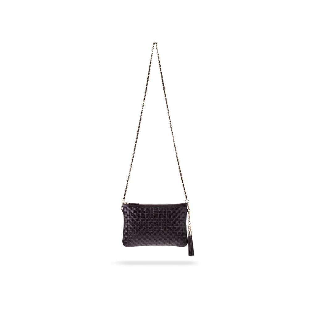 Leather woven cross body bag, black, with long strap