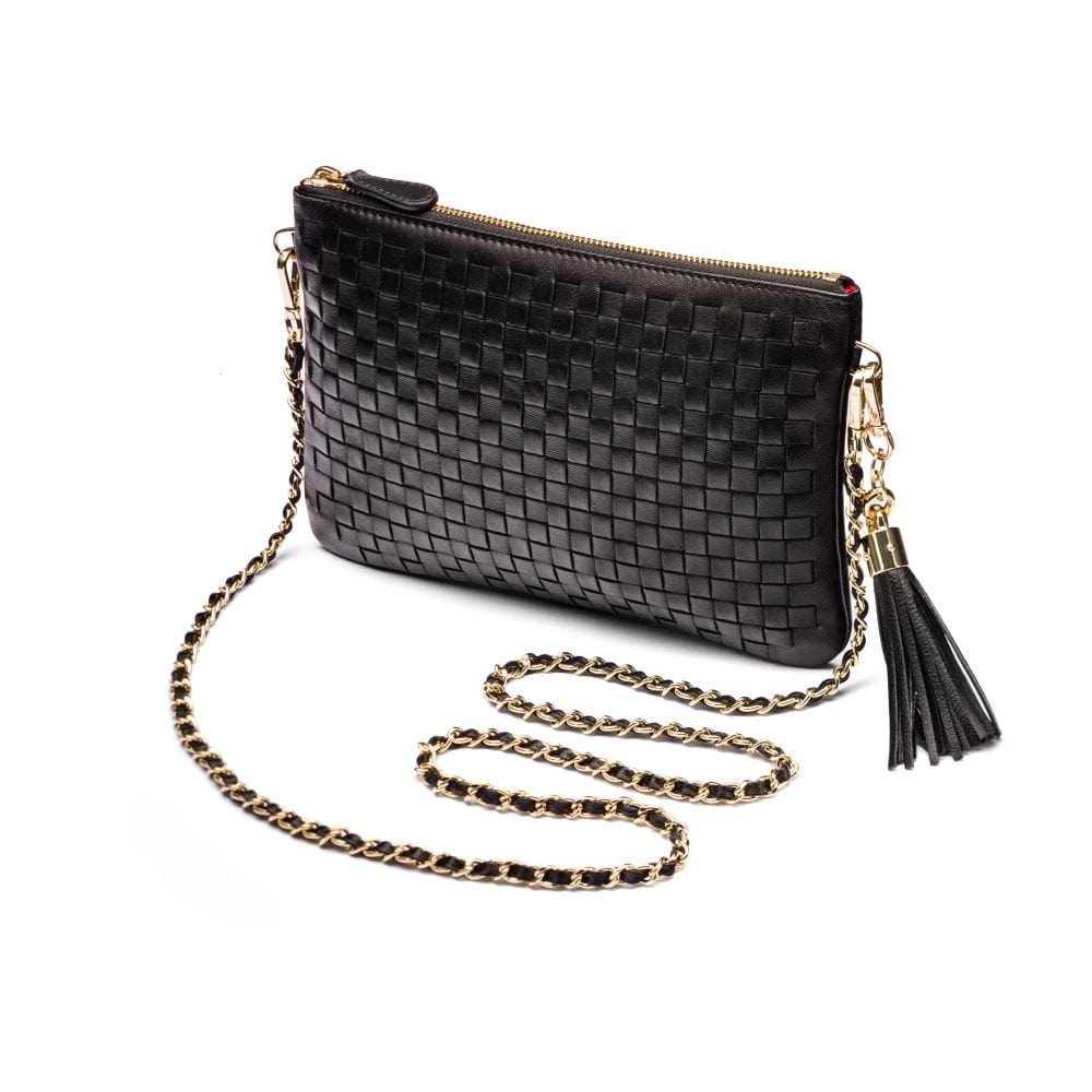 Leather woven cross body bag, black, with chain strap