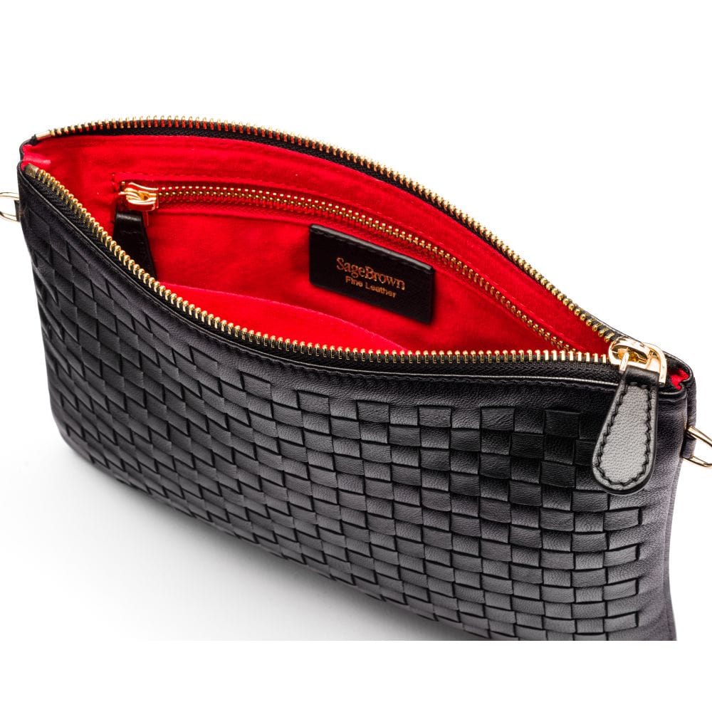 Leather woven cross body bag, black, inside view