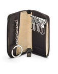 Leather zip around key case, black, open