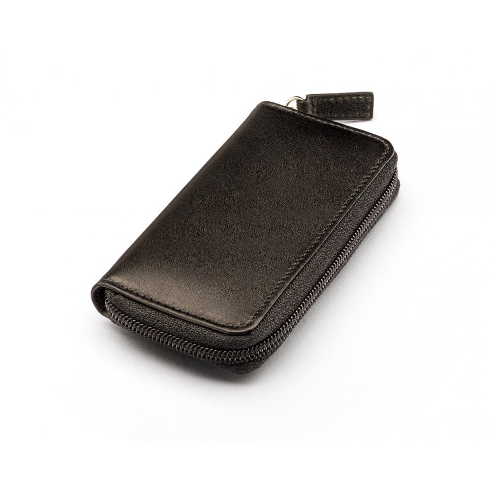 Leather zip around key case, black, front