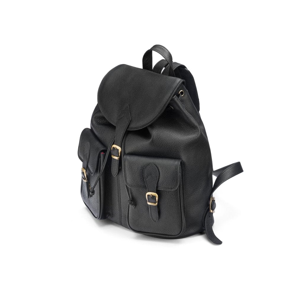 Leather backpack with pockets, black, side