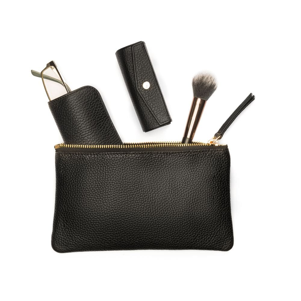 Medium leather makeup bag, black, open