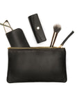 Medium leather makeup bag, black, open