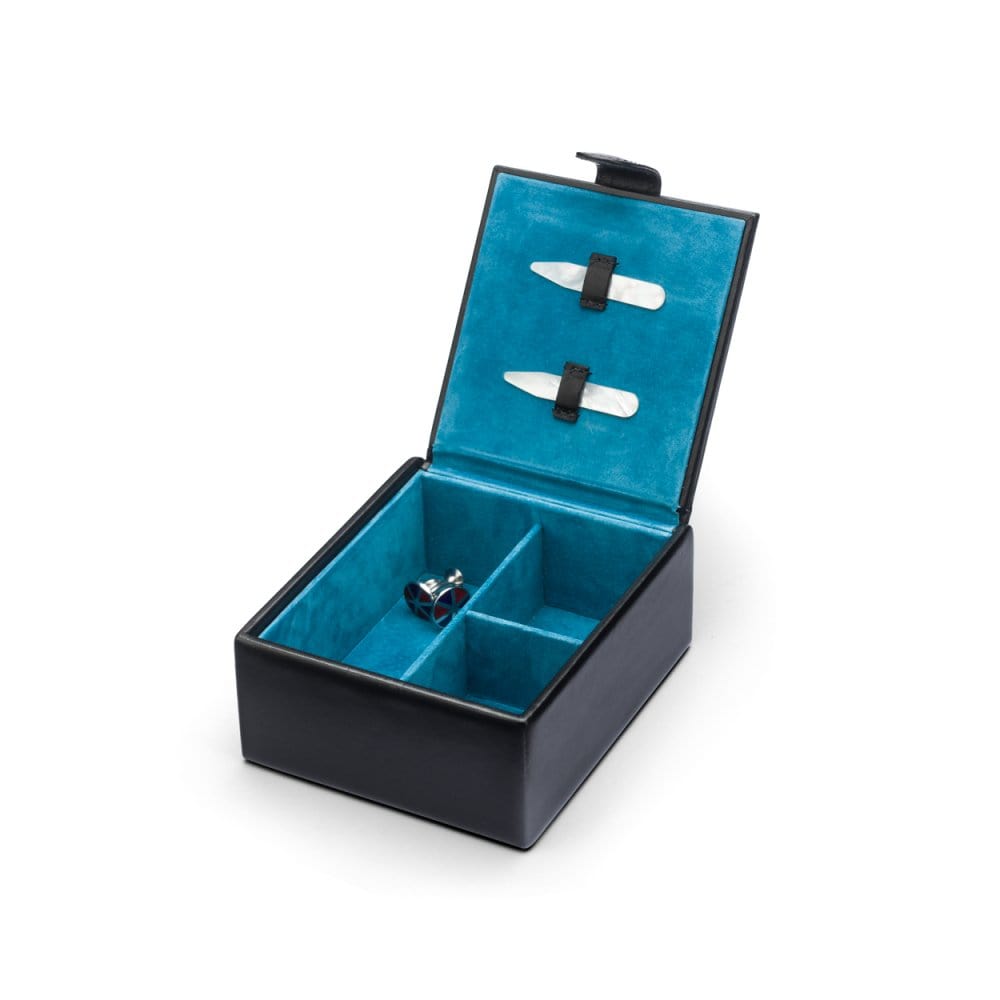 Men's leather accessory box, black, open