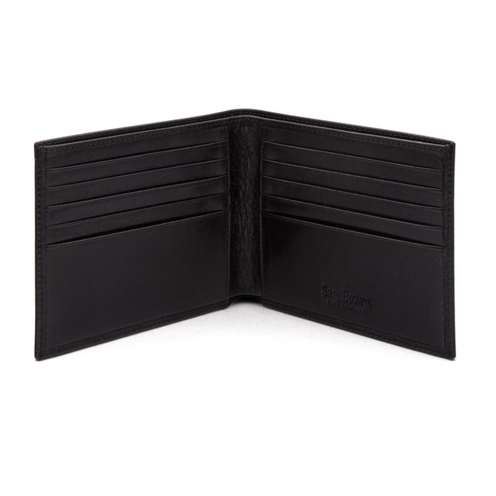Men's leather billfold wallet, black, open