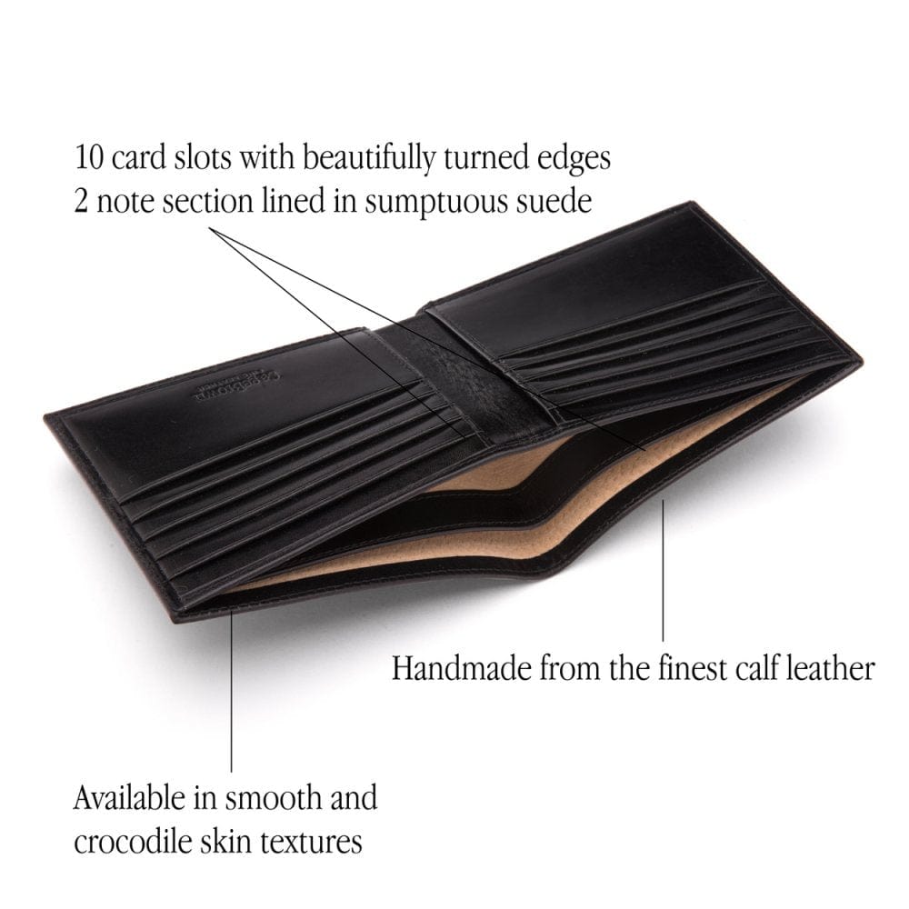 Men's leather billfold wallet, black, features