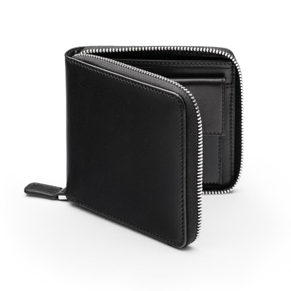 Men's leather zip wallet with coin purse, black, front view