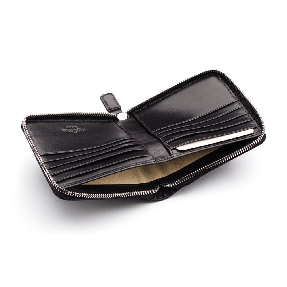 Men&#39;s leather wallet with zip around closure, black, inside