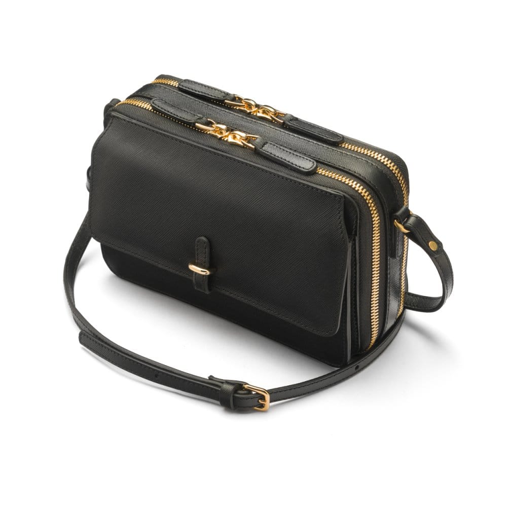 Compact crossbody bag, black saffiano, side