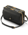 Compact crossbody bag, black saffiano, side