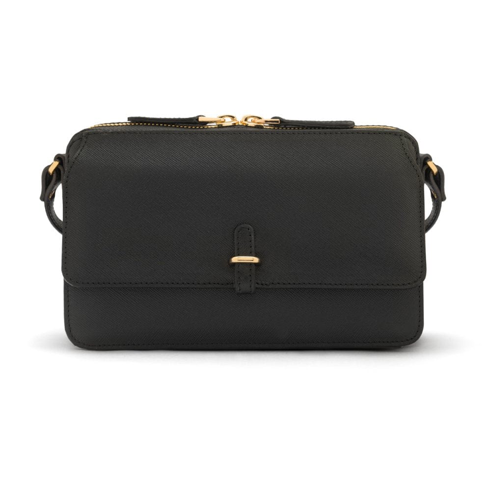 Compact crossbody bag, black saffiano, front