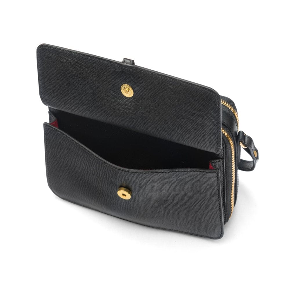 Compact crossbody bag, black saffiano, front pocket