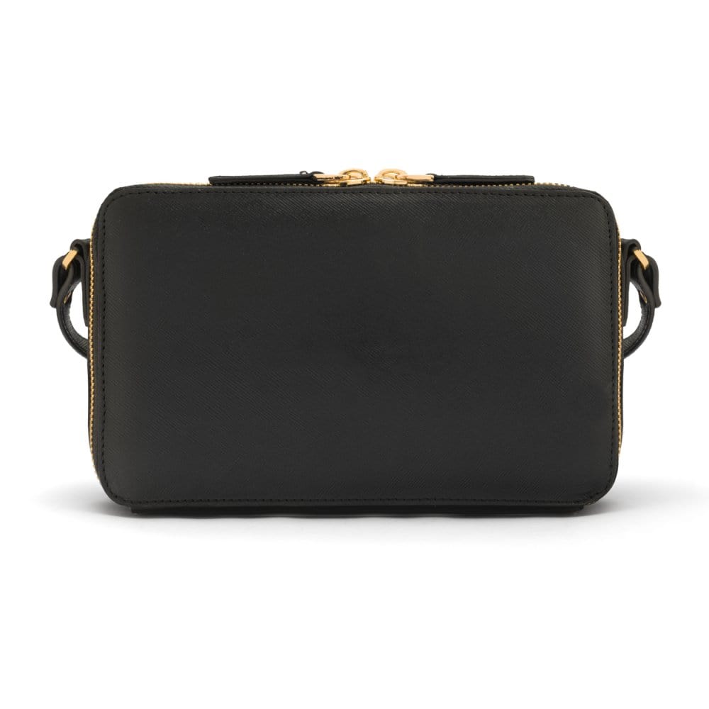 Compact crossbody bag, black saffiano, back