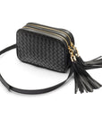 Woven leather camera bag, black, side