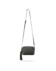 Woven leather camera bag, black, with long strap