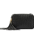 Woven leather camera bag, black, front