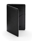 RFID bifold credit card holder, black saffiano, front view