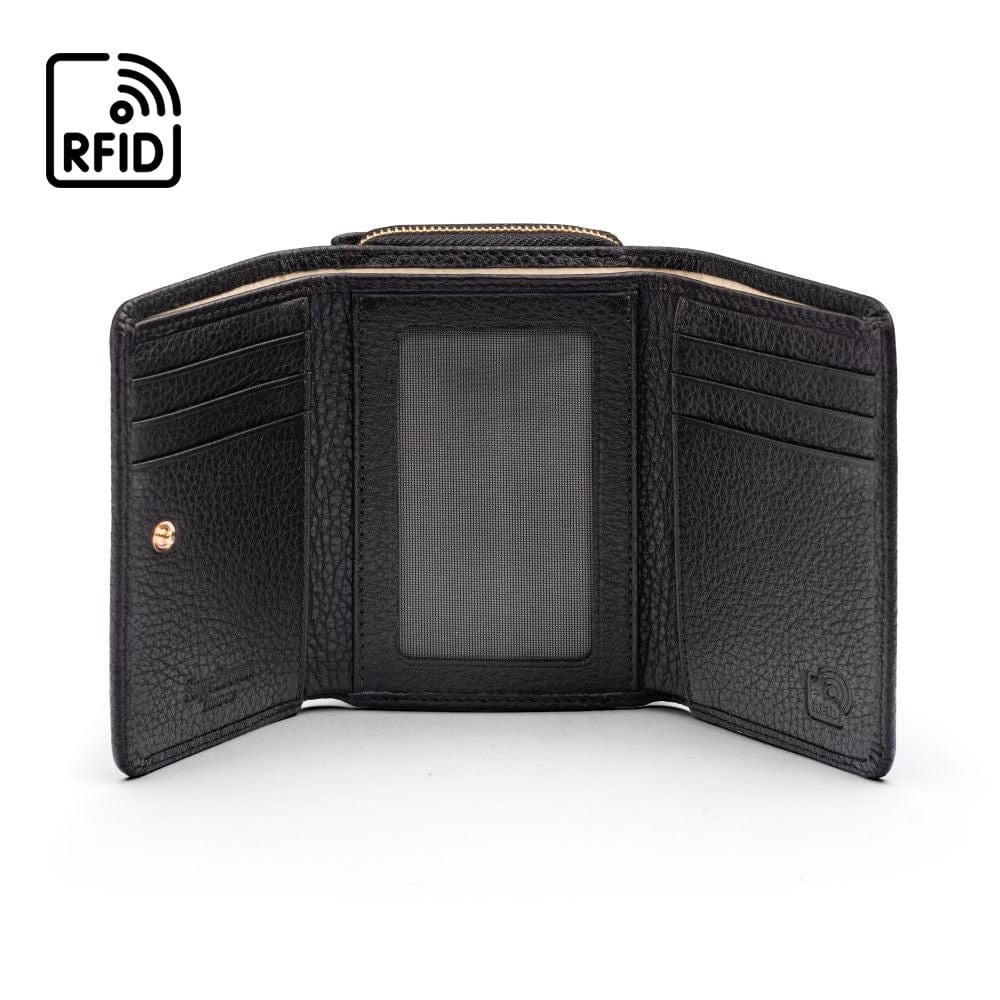 RFID blocking leather tri-fold purse, black, open view