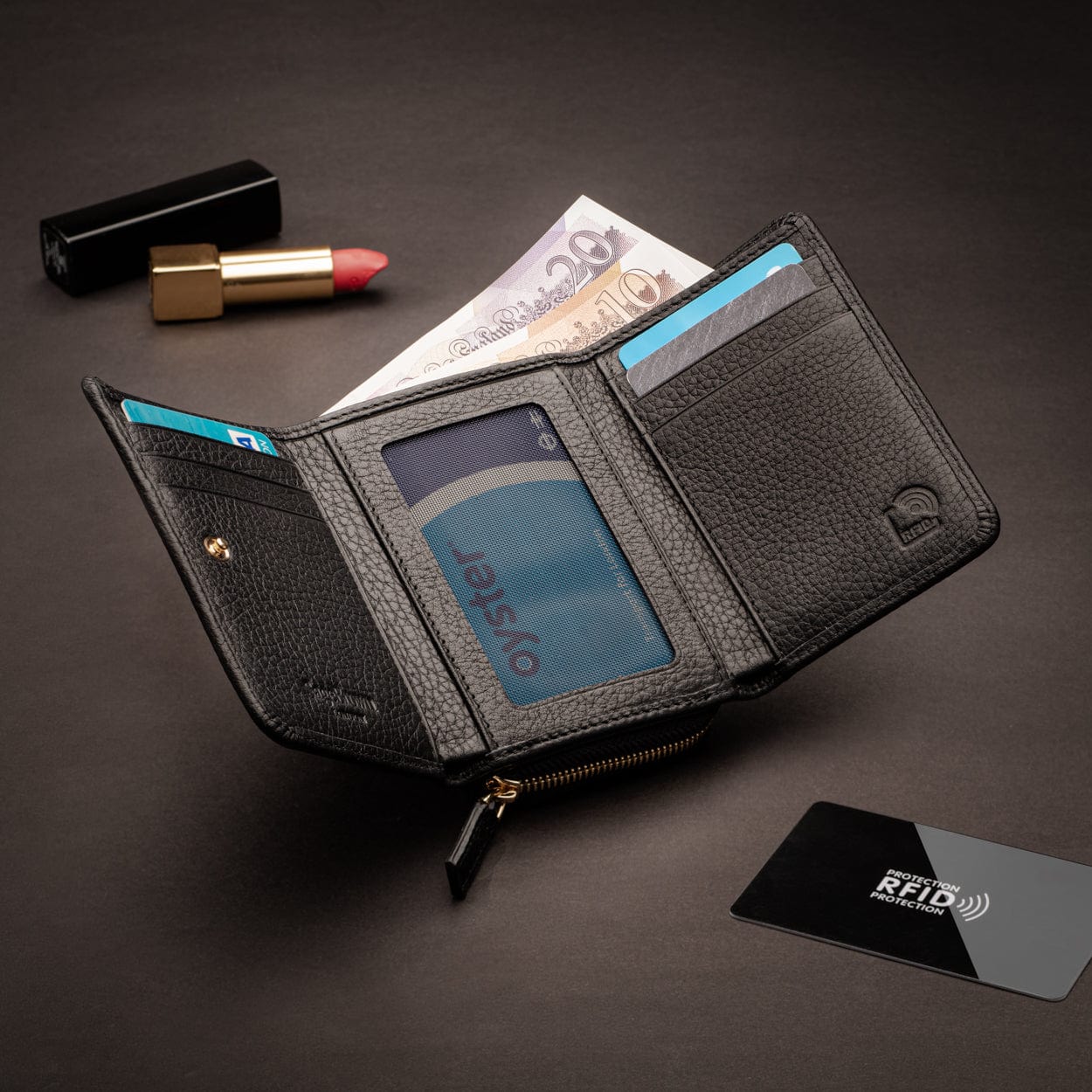 RFID blocking leather tri-fold purse, black, lifestyle
