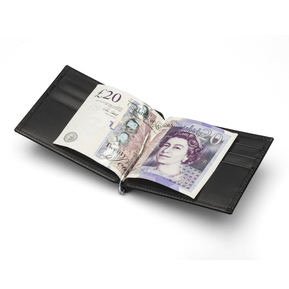 Black Compact Leather Wallet With Money Clip
