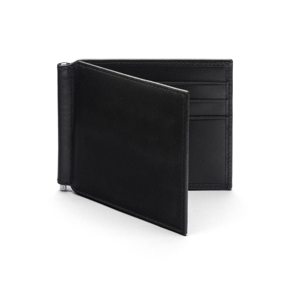 Black Compact Leather Wallet With Money Clip