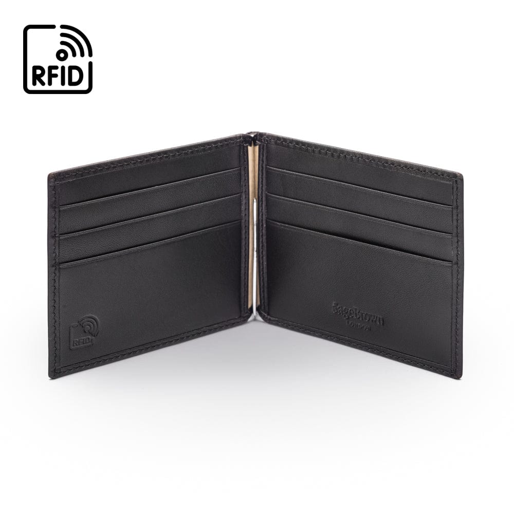 Leather money clip wallet, black, open view
