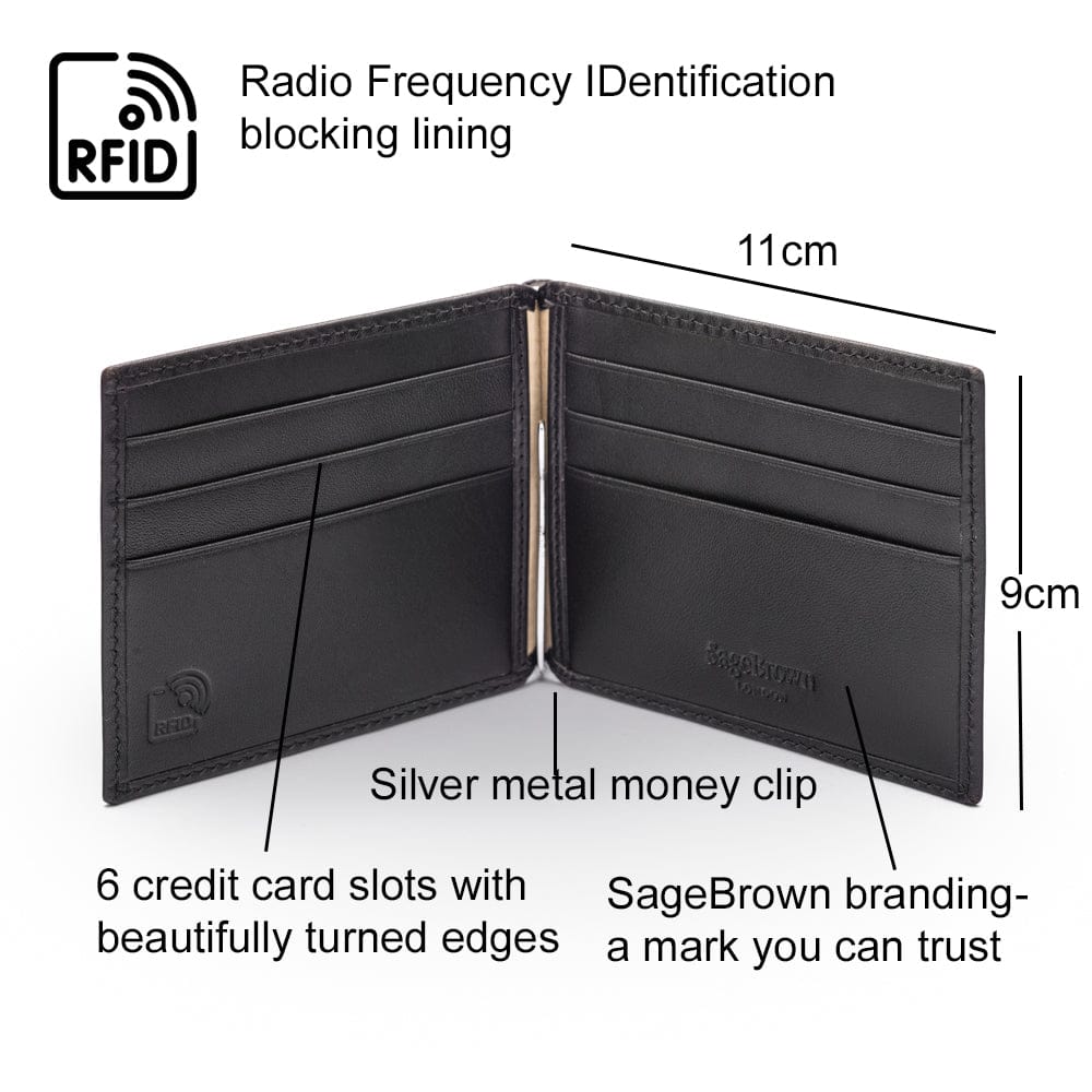 Leather money clip wallet, black, features