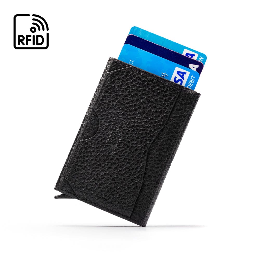 RFID pop-up credit card case, black, back view