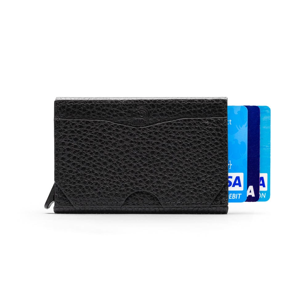 RFID pop-up credit card case, black, front view