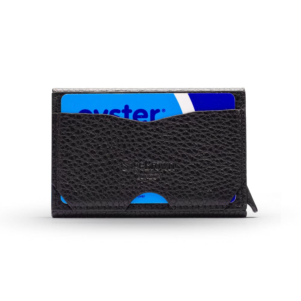 RFID pop-up credit card case, black, reverse view