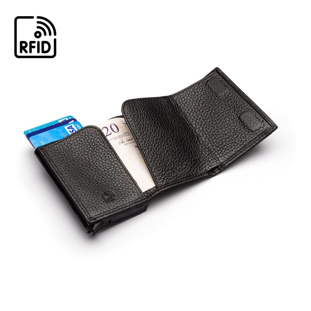 RFID wallet with pop-up credit card case, black, inside view