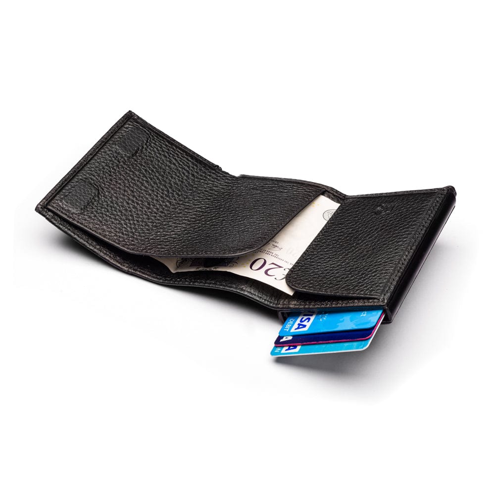 RFID wallet with pop-up credit card case, black, open view