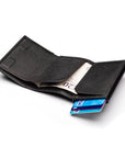 RFID wallet with pop-up credit card case, black, open view