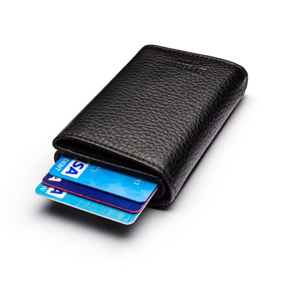 RFID wallet with pop-up credit card case, black, back view