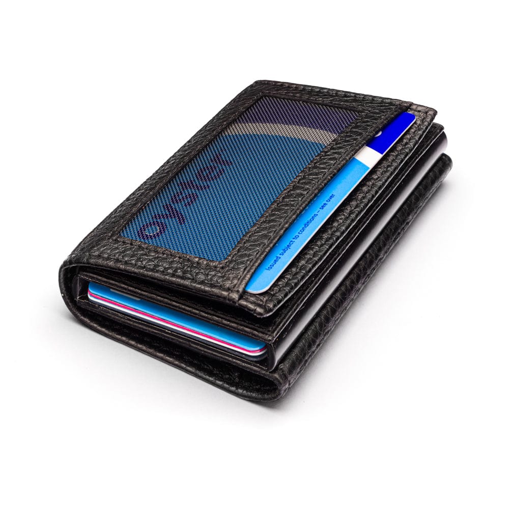 RFID wallet with pop-up credit card case, black, front view