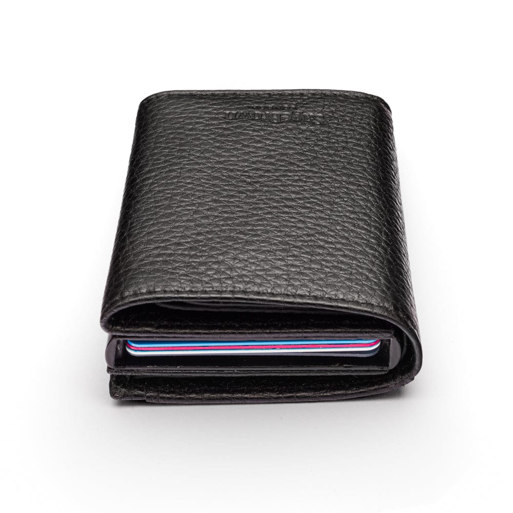 RFID wallet with pop-up credit card case, black, top view