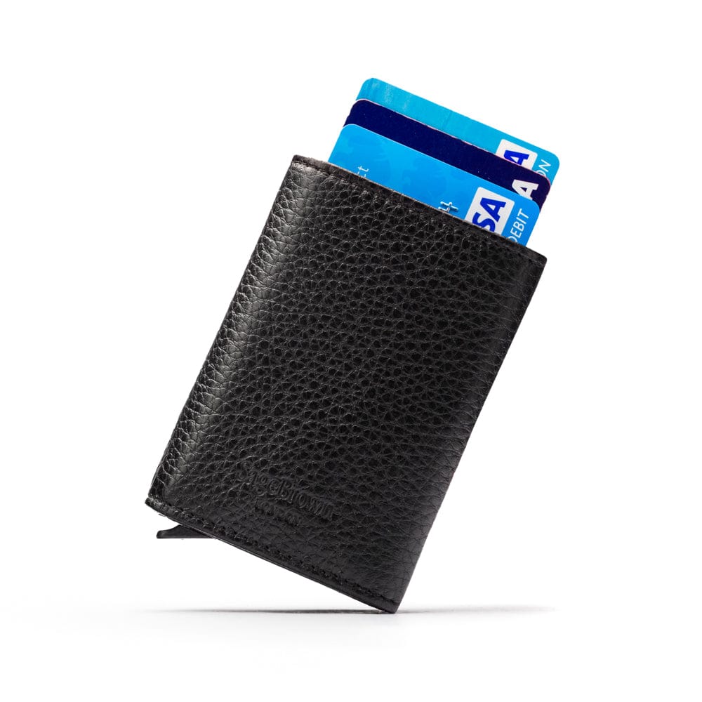 RFID wallet with pop-up credit card case, black, back view