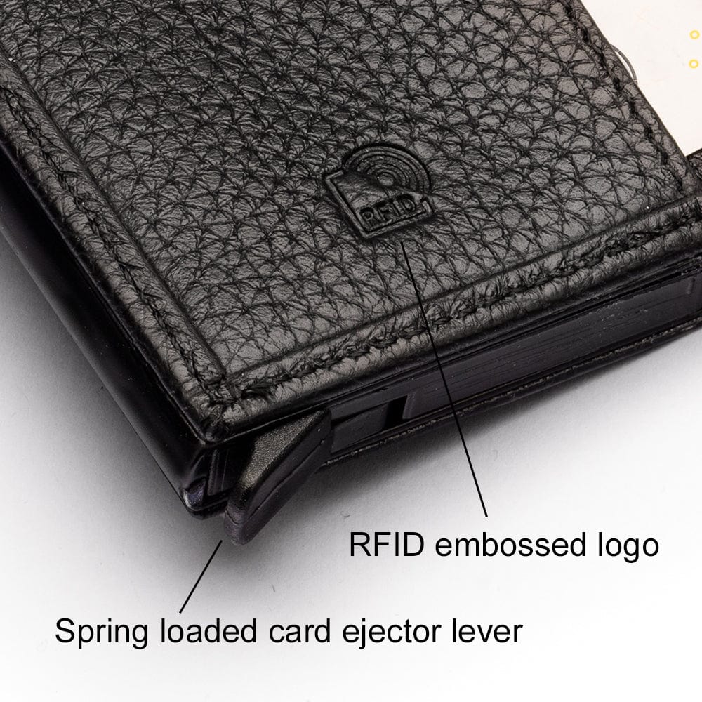 RFID wallet with pop-up credit card case, black, close up view