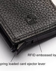 RFID wallet with pop-up credit card case, black, close up view