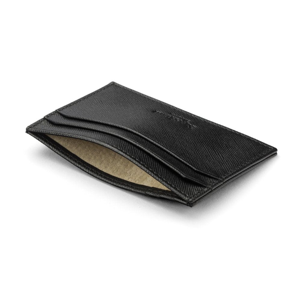 Flat leather credit card holder with middle pocket, 5 CC slots, black saffiano, inside