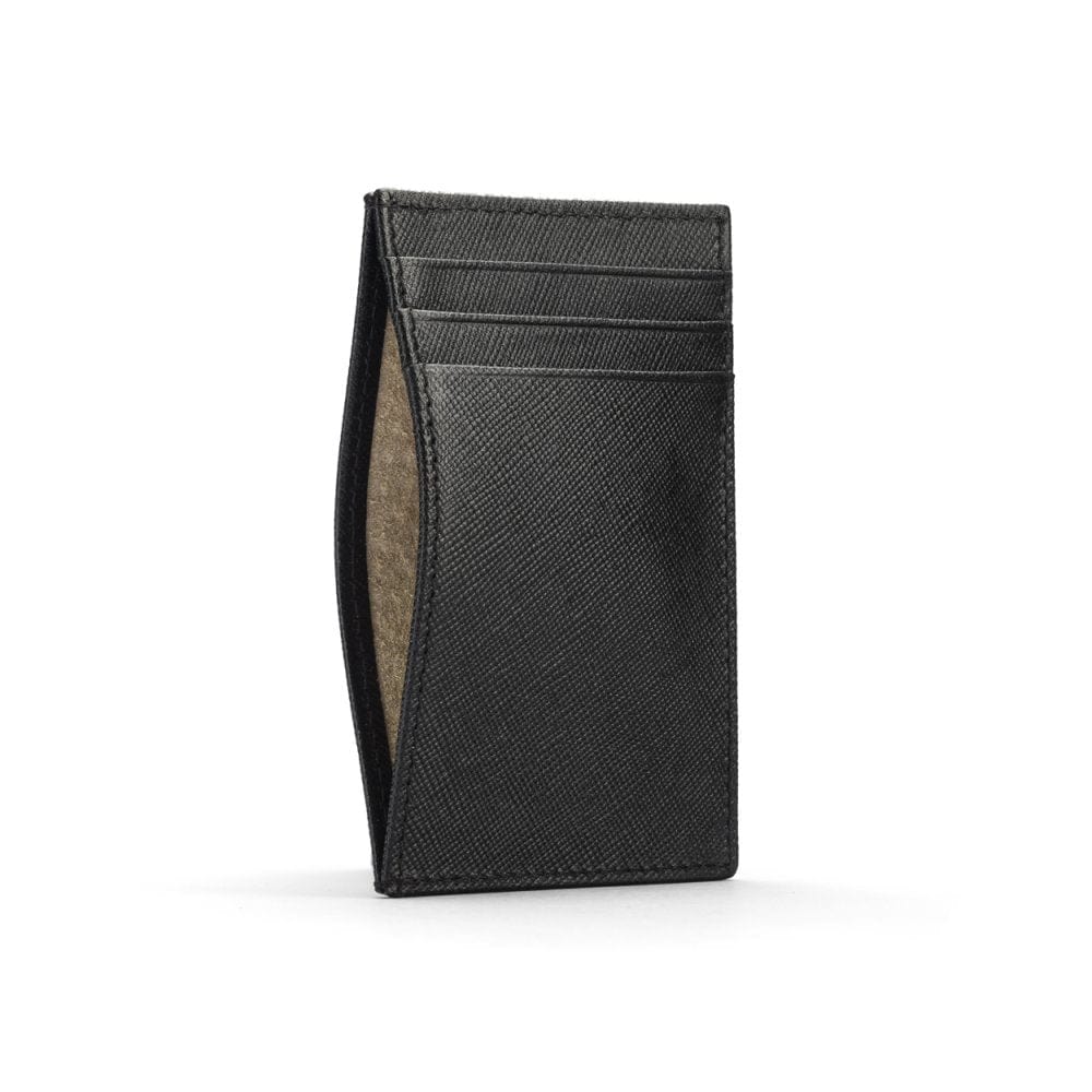 Flat leather credit card holder with middle pocket, 5 CC slots, black saffiano, front