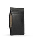 Flat leather credit card holder with middle pocket, 5 CC slots, black saffiano, front