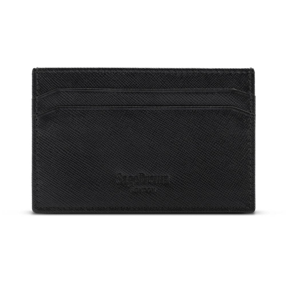 Flat leather credit card holder with middle pocket, 5 CC slots, black saffiano, back