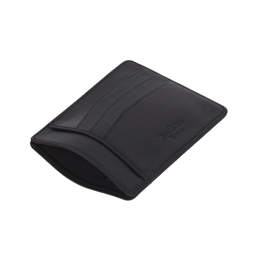 Flat leather credit card holder, black, open